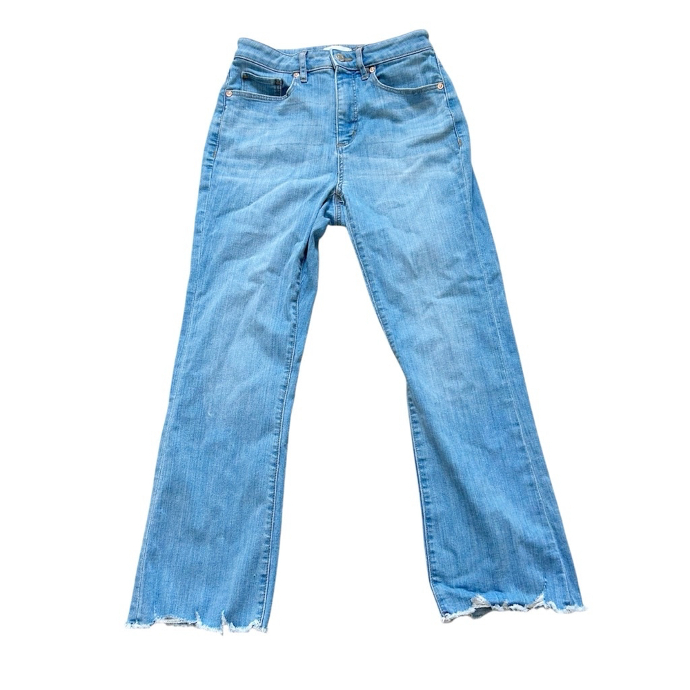 Made and Loved Loft The Kick Crop Light Denim Ankle Pants Fringe Hem Stretch